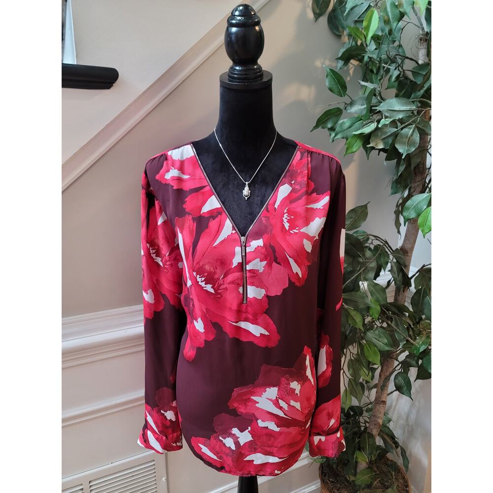 INC International Concepts Top Women's 18 Burgundy Floral V-Neck Zip Up Pullover